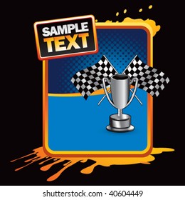 racing flags and trophy on grungy splattered background