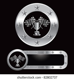 Racing flags and trophy in silver metal banners