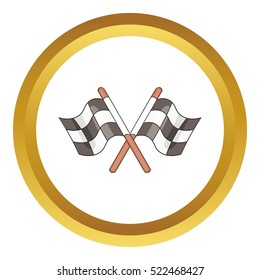 Racing flags vector icon in golden circle, cartoon style isolated on white background