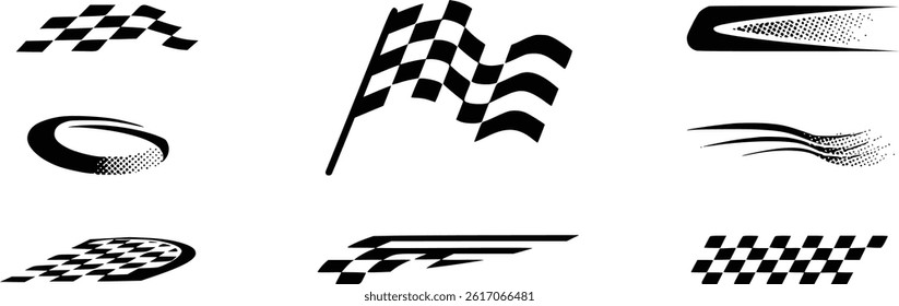 Racing flags and vehicle decals graphic set in black and white vector