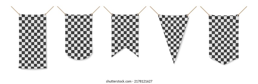 Racing flags, vinyl banners, black and white checkered pennons used in motor sport. Textile ensigns of with rounded, straight and pointed edges hang on ropes, Realistic 3d vector illustration, set