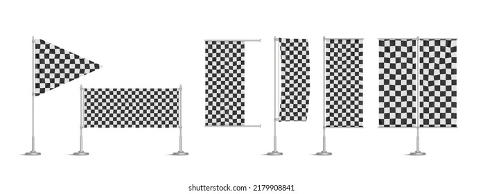 Racing flags, vinyl banners, black and white checkered signboards or billboards on metal poles used in motor sport. Ensigns of rectangular and triangular shapes, Realistic 3d vector illustration, set