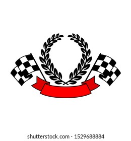 Racing flags with wreath and ribbon text placeholder. Winner in a race concept.