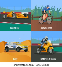 Racing flat 2x2 design concept with doodle style images of motor vehicles and bicycle race track vector illustration
