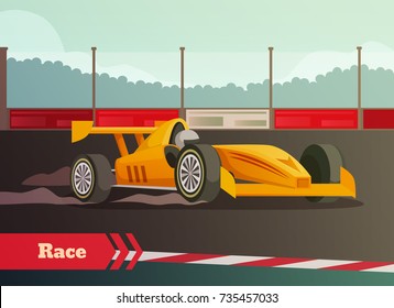 Racing flat background with images of fast racing car and driver on race track with kerbsides vector illustration