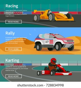 Racing flat banners set with rally and karting race tracks and cars with text and read more button vector illustration