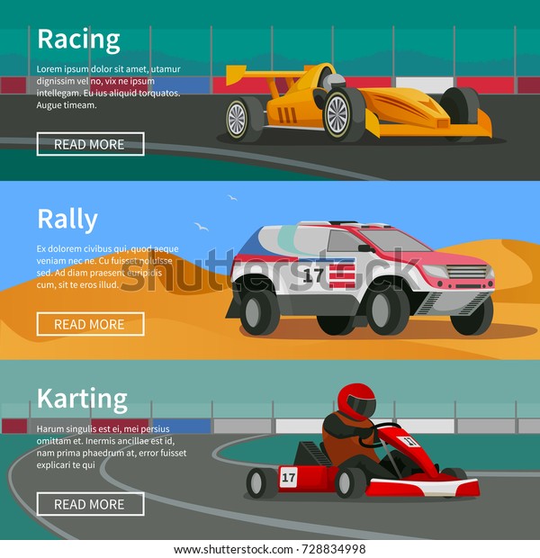 Racing flat\
banners set with rally and karting race tracks and cars with text\
and read more button vector\
illustration