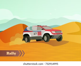 Racing flat composition with desert land scenery and doodle style image of range roving racing car vector illustration  