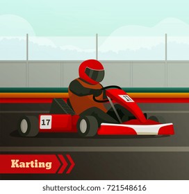 Racing flat composition with images of cart driven by karter in racing helmet on race track vector illustration