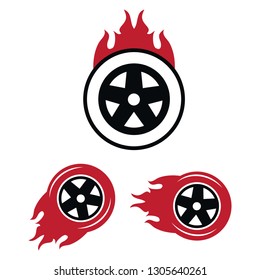 Racing flat labels set. Blaze and flash logo, auto transport, flame tire. Racing flat labels vector