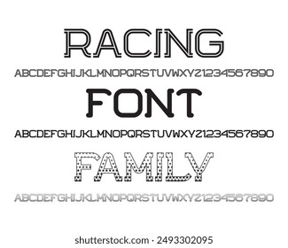 Racing font family. Alphabets and numbers in three similar styles.