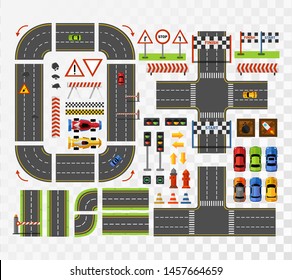 Racing game asset in flat style. Top view of roads, cards, signs. Road constructor for game design with simple and racing cars. Road signs stop,road repair elements,traffic light, finish,start signs.