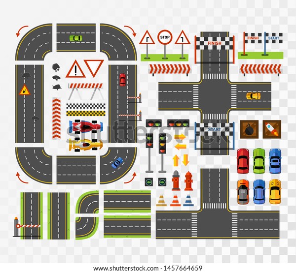 Racing game asset in flat style. Top view of\
roads, cards, signs. Road constructor for game design with simple\
and racing cars. Road signs stop,road repair elements,traffic\
light, finish,start\
signs.