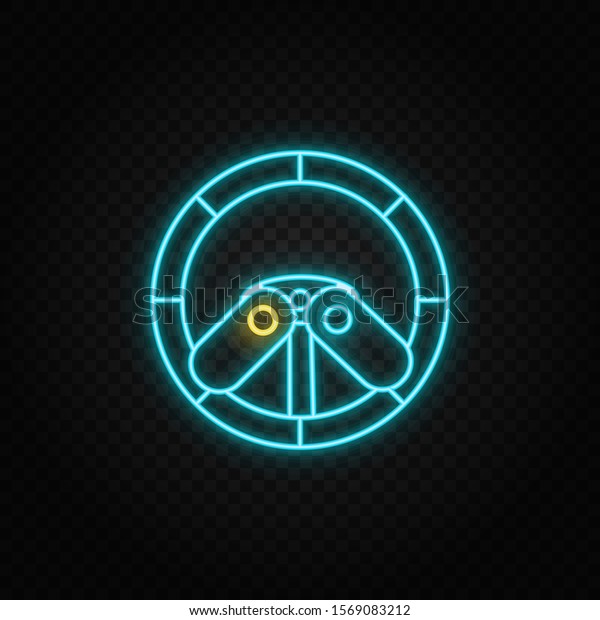 Racing game, driving, wheel neon icon. Blue and
yellow neon vector
icon.