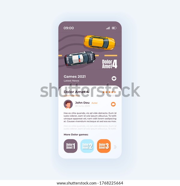 Racing game review smartphone interface vector\
template. Gaming mobile app page light design layout. Videogame\
preview, presentation screen. Flat UI for application. Description\
page on phone display