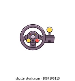 Racing game steering wheel with force shifter - flat color line icon on isolated background. Gaming accessory sign, symbol, pictogram, element in thin outline style.