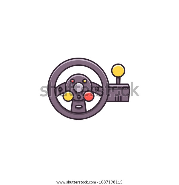 Racing game steering wheel\
with force shifter - flat color line icon on isolated background.\
Gaming accessory sign, symbol, pictogram, element in thin outline\
style.