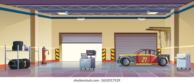 Racing garage, technical room for repair and maintenance of sports cars. Racing workshop with racks and equipment, crane-lift with hook, frame of car, computer equipment for diagnostics of car units.