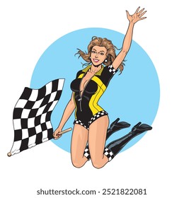 Chica de carreras con salto de bandera a cuadros aislado en el fondo blanco. Joven pin-up estilo mujer atractiva, cartel de campeonato deportivo de automóviles o diseño de Anuncio. Ilustración vectorial.