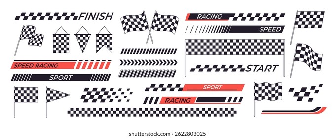 Racing graphic elements. Stripes, checkered flags for start and finish. Car race motosport motion competition logos and symbols, racy vector clipart