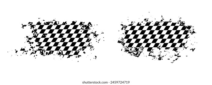 Diseño de textura de cepillo grunge de carreras, insignia de rally automático. Patrón a cuadros. Inicio, bandera de fin, arañazos. Ilustración vectorial