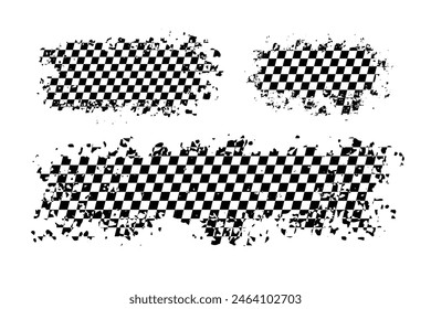 Diseño de textura de cepillo grunge de carreras, insignia de rally automático. Patrón a cuadros. Inicio, bandera de fin, arañazos. Ilustración vectorial