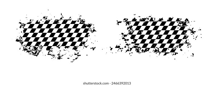 Racing grunge brush texture design, auto rally badge. Checkered pattern. Start, finish flag, scratches. Vector illustration