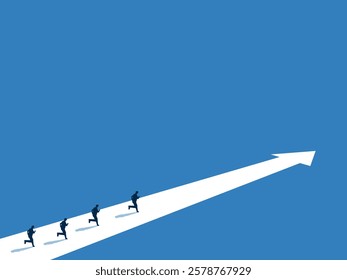 Racing hard, Heading towards success, Businessman team running on a path pointing forward arrow