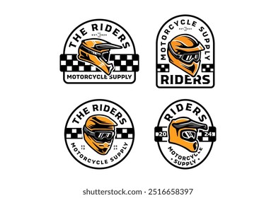 racing helmet full face with goggles logo design collection for extreme sport and adventure. riders helmet with glasses emblem logo set. crash helmet safety sport badge logo illustration bundle