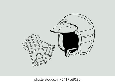 Casco de carreras y guantes. Esquema de imagen vectorial, fondo.