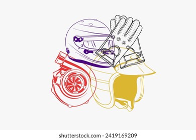 Racing helmet, gloves, turbine. Contour vector image, background. Abstract set.