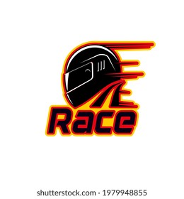 Racing helmet icon of motorcycle or car sport races and club vector emblem. Rally and engine motors championship and speedway racing and custom garage sign with racer helmet in red yellow speed flame