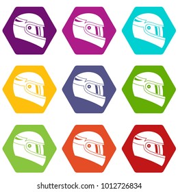 Racing helmet icon set many color hexahedron isolated on white vector illustration