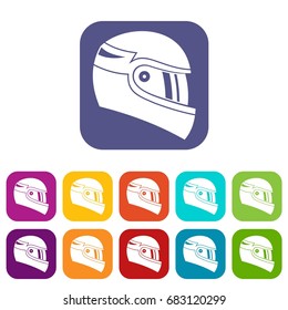 Racing helmet icons set vector illustration in flat style in colors red, blue, green, and other