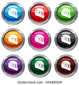 Racing helmet set icon isolated on white. 9 icon collection vector illustration