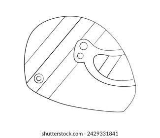 Racing helmet sketch. Side view of Protection for driver. Outline simple drawing. Visor. Headgear for motorcyclist. Protective equipment. Safety. Linear image. Isolated object. Vector illustration.