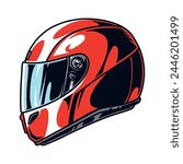 Racing helmet vintage emblem colorful with hardhat protecting head of person participating in motorcycle racing to avoid injury vector illustration