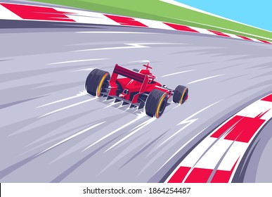 Racing at high speeds f1. Ballid in turn at speed. Queen's races. A fast car enters the turn. Speed racing tournament. Superelevation at high speed. The desire for victory. Vector illustration