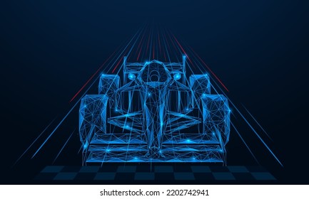 Racing high-speed car before the finish. Polygonal design of interconnected lines and points. Blue background.