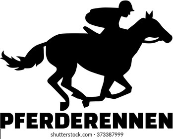 Racing horse with rider and german word