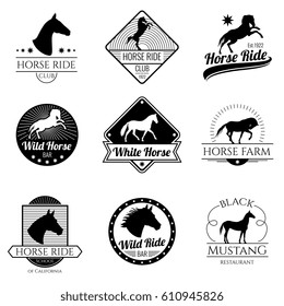 Racing horse, running mare vector vintage logos and labels set. Emblem with horse stallion, illustration of logo with mustang horse.