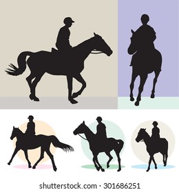 Racing horses and jockeys silhouettes isolated. Vector, illustration.