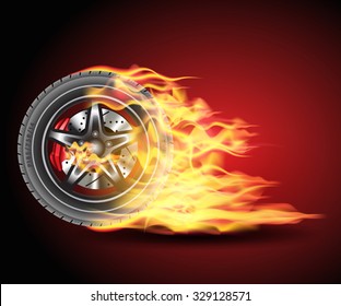 Racing hot wheels. Burning wheel tire isolated on black background. Vector illustration