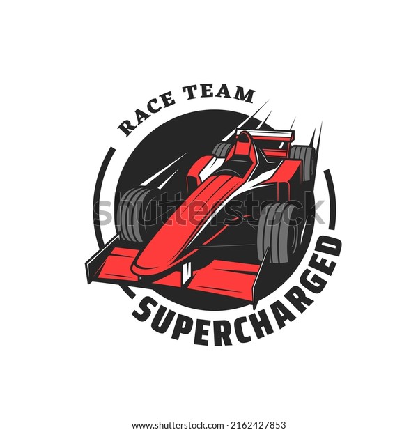 Racing icon with formula one car. Motorsport\
professional club or team, race competition or grand prix, car\
track racing championship vector emblem, icon or label with red\
supercharged vehicle