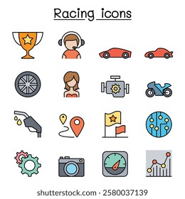 Racing icon set in color line style