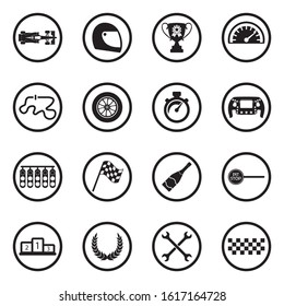Racing Icons. Black Flat Design In Circle. Vector Illustration.