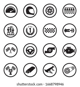 Racing Icons. Black Flat Design In Circle. Vector Illustration.