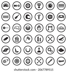 Racing Icons. Black Flat Design In Circle. Vector Illustration.