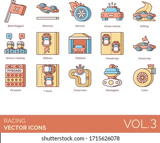 Racing icons including black flagged, blowover, burnout, chase vehicle, drifting, drivers meeting, oildown, paddock, parade lap, victory, pit board, t-bone, timed race, wastegate, turbo.