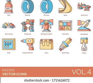 Racing icons including NOS, wet tire, slick, apex, autocross, kart, shaker rig, simulator, telemetry, handbrake, gear, impact wrench, accu, spark plug, piston.